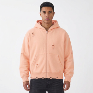 Sweat à capuche zippé pour homme, effet vieilli, avec impression graphique personnalisée, en molleton épais, style streetwear urbain, fabricant grossiste - Product Image 2