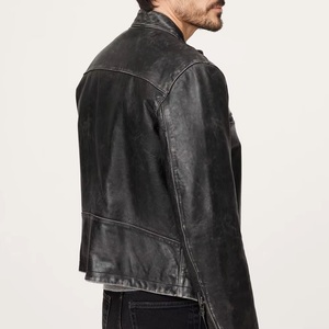 Blouson de moto en cuir noir pour homme, manches longues, coupe-vent, lavé, toutes saisons, style racing - Product Image 2