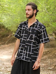 Men <b>Black</b> Hand block Printed Cotton Resort <b>Shirt</b> Casual Summer Button-Down Cuban Collar Half Sleeve <b>Beach</b> Wear Top - Product Image 1