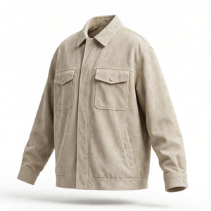 <b>Men's</b> Beige <b>Suede</b> Shirt <b>Jacket</b> Turn-down Collar Workwear Style Regular Fit Autumn Solid Color Button Closure - Product Image 4