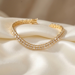 Double Row Baguette & Round Brilliant Cut Diamond Tennis Bracelet with Secure Box Claps in Yellow <b>Gold</b> 10k 14k 18k - Product Image 1