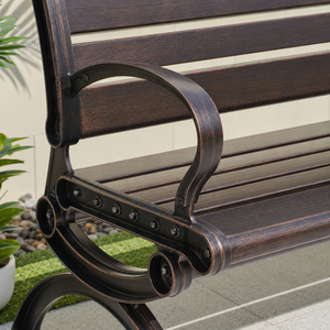 Heavy Duty Outdoor <b>Garden</b> <b>Bench</b> with Dark Brown Slatted Seat Curved <b>Metal</b> Armrests for Park Patio Lawn and Public Seating XL - Product Image 4