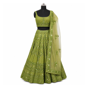 Women Olive Green Embroidered Lehenga Choli Set <b>Sequin</b> Bridal Wedding Dress with Dupatta Traditional Indian Party Ceremony - Product Image 1