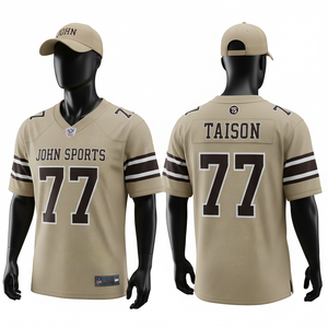 Camiseta de Fútbol Americano para Hombre de Malla de Poliéster de Alta Calidad de 220 GSM, Color Beige Marrón con Franjas en las Mangas, Nombre y Número Personalizados por Sublimación - Product Image 1