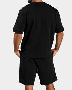 Camiseta y pantalones cortos negros extragrandes para hombre con ribete, diseño de logotipo personalizado OEM, 100% algodón transpirable, para gimnasio y ropa urbana. - Product Image 2