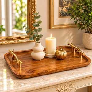 Bandeja de Servir de Madera de Acacia con Asas de Latón |   Bandeja Rectangular de Madera para Desayuno, Bebidas, Aperitivos, Hogar, Hotel, Restaurante - Product Image 3