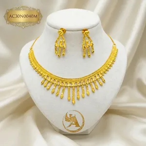 Premium Nigerian <b>Bridal</b> Gold Plated Jewelry Set African Statement Necklace with Dangle Earrings - Product Image 1
