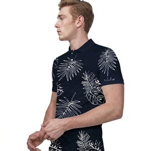 เสื้อโปโลแขนสั้นสีน้ำเงินกรมท่าสำหรับผู้ชาย พิมพ์ลายใบไม้เขตร้อนสีขาวด้วยเทคนิค Sublimation ผ้าฝ้ายอ๊อกซ์ฟอร์ดแบบลำลอง ระบายอากาศได้ดี - Product Image 3