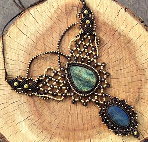Handmade Labradorite Macrame <b>Statement</b> <b>Necklace</b> Green Blue Flash Natural Gemstone Boho Healing Crystal Adjustable Cord Jewelry - Product Image 1