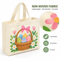 Sacola de Tecido Não Tecido com Estampa de Coelhinho da Páscoa, Cesta de Ovos e Tulipas, Personalizável com Logotipo, Ecológica, Reciclável e Reutilizável para Presentes