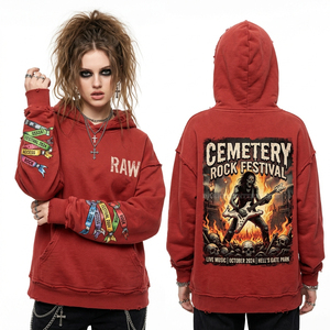 เสื้อฮู้ดดี้สีแดงขนาดใหญ่สไตล์วินเทจสำหรับผู้หญิง พิมพ์ลายกราฟิกสำหรับงานเทศกาลดนตรีร็อค งานคอนเสิร์ตเมทัล แต่งขอบดิบแบบดิสเทรส - Product Image 1