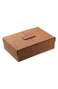 Boîte à bijoux rectangulaire en cuir antique avec couvercle, design classique, détails cousus, couleur marron, conteneur de rangement à 1 niveau - Product Image 3