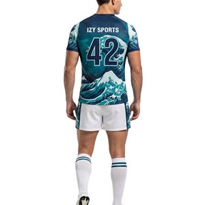 Tenues de rugby à motif vague japonaise, tissu athlétique à séchage rapide, ensemble d'uniformes de rugby personnalisés sublimés - Product Image 3