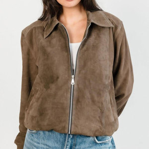 Blouson moto en daim marron pour femme STONEGATE, manches longues, col montant, fermeture éclair, longueur standard, couleur unie, hiver, livraison rapide - Product Image 5