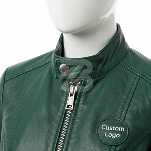 OEM ODM Women's Genuine Leather Jacket Band Collar Slim Fit Moto <b>Coat</b> Forest Green Custom Logo Women's Jackets - Product Image 5