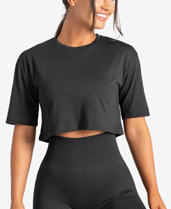 Camiseta Corta de Alta Calidad para Mujer, Color Negro, Cuello Redondo, Tejido de Punto, Color Sólido, Informal, Transpirable, Ecológica, Precio Bajo - Product Image 1