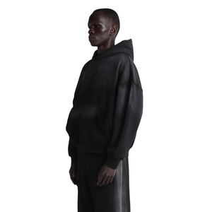 Sudadera con capucha oversize negra para hombre, con efecto desgastado por el sol, de forro polar, con bolsillo canguro y hombros caídos, estilo streetwear, al por mayor - Product Image 5