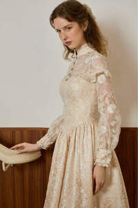 ELISA Jacquard Dress with Cotton Floral Lace Double Layers Women Cotton Floral Lace Double Layers Jacquard Dress - Product Image 3