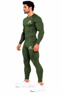 Conjunto de Compresión Deportivo para Hombre Risk Sports, Color Verde Oliva, Sin Costuras, con Logotipo Personalizado, Camiseta de Manga Larga y Pantalones hasta el Tobillo - Product Image 2