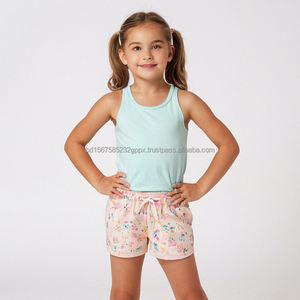 Short fille décontracté confortable taille haute élastique avec bouton décoration solide motifs personnalisés coton sergé tissé tissu enfants - Product Image 3