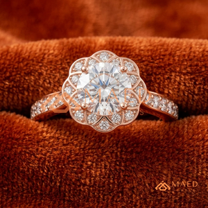 Round Cut Moissanite Floral Halo Engagement Ring Rose Gold Plated Pave Band Wedding Ring Jewelry <b>Gift</b> - Product Image 1