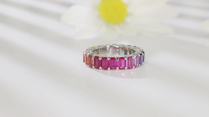 Luxury Women's 925 <b>Silver</b> Rhodium Plated Eternity Band <b>Ring</b> With <b>Emerald</b> Cut Multi Color Gemstones Channel Setting - Product Image 2