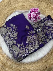 Indian Ethnic Beautiful and Elegant Saree with Embroidery Work for Partywear and Wedding Occasion for Women Fancy Trendy Outfit - Product Image 6