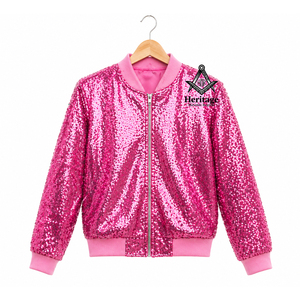 Heritage Masonic Regalia Women Slim Fit Pink <b>Sequin</b> Bomber <b>Jacket</b> Ribbed Knit Varsity Style Mock Collar <b>Jacket</b> Greek Apparel - Product Image 4