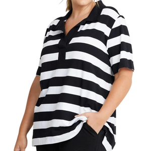 Plus Size Women's Active Bold Stripe <b>Polo</b> <b>Top</b> in Black/<b>White</b> Wholesaler Customizable OEM ODM - Product Image 2