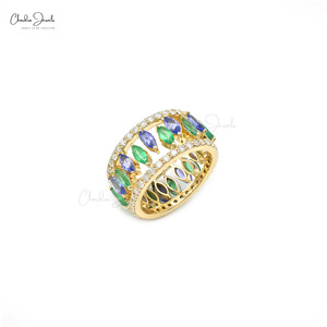 Bague en Tanzanite Naturelle et Émeraude Multicolore, Or Jaune Fin 14K, Pavé de Diamants, Couronne, Bague de Cocktail Détachable de Luxe - Product Image 4