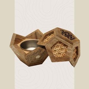 Wholesale Geometric Wood and Rattan Incense Burner Bulk Luxury Mango Wood Bakhoor Censer with Woven Inlay and <b>Hinged</b> Lid - Product Image 1