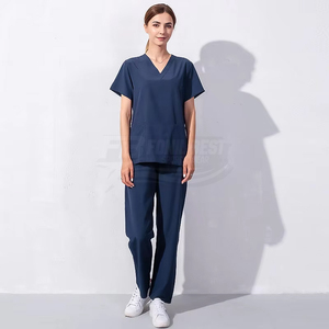 Ensemble de blouses médicales pour femmes, couleur violette, col en V, avec deux poches, uniformes d'hôpital, service OEM, tissu tissé en coton et polyester - Product Image 3