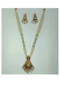 Elegant traditional pearl <b>bead</b> necklace <b>set</b> with antique gold pendant pastel stones and matching earrings for wedding - Product Image 3