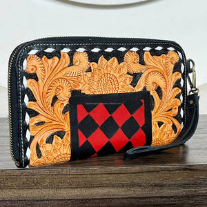 Sunflower Stylish Hand Tooled Genuine <b>Leather</b> Clutch Floral Checkered Pattern Zipper Clutch & <b>Purse</b> For Women's Shopping - Product Image 5