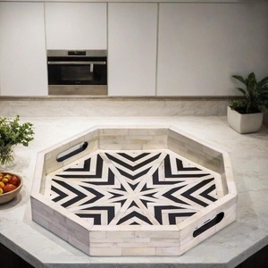 Luxury <b>Round</b> Wooden Decorative Tray with Black and <b>White</b> Floral Inlay Design Perfect for Jewelry Storage <b>Dining</b> and Home Decor - Product Image 2