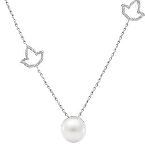 Silver <b>Double</b> Chain Pearl Pendant <b>Necklace</b> with Bird Shape Charms White Round Pearl Elegant Layered Women Fashion Jewelry - Product Image 5