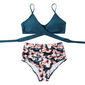 Ensemble bikini deux pièces pour filles, bas taille haute, haut bandeau avec détail cordon de serrage, Spandex/Polyester, anti-UV - Product Image 1
