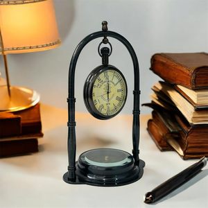 Art Deco Brass Quartz Silent Desk <b>Clock</b> Compass Set Antique Finish Decorative Maritime Home Office Decor <b>Clocks</b> - Product Image 4