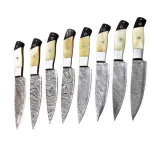 Custom Handmade Damascus Steel Chef <b>Knives</b> <b>Set</b> of 8 with Cream Bone Black Handles Professional Kitchen Cooking Slicing Cutting - Product Image 1