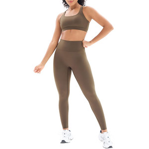 Seamless Yoga Set 2 Piece High Waist <b>Crop</b> <b>Top</b> Racerback Solid Color Sport Wear for Women Full Length Leggings - Product Image 1
