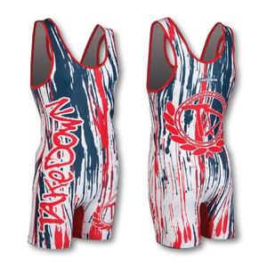 Traje de Lucha Libre Unisex sin Mangas, Compresión, Sublimación, Poliéster Ajustado, Diseño Rojo, Blanco y Azul - Product Image 4