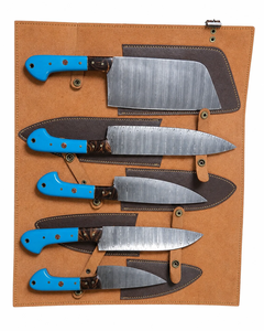 Ensemble de couteaux en acier Damas LEGACY BLADES de 5 pièces avec manches en résine bleue, finition satinée, couteaux de chef pour droitiers, vente en gros OEM - Product Image 4