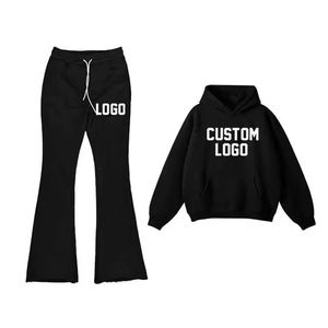 Custom Unisex Streetwear Flare Sweatpants and Hoodie Set Full Cotton Tracksuit Puff Print Men Stacked Flared Sweatsuits - Product Image 2