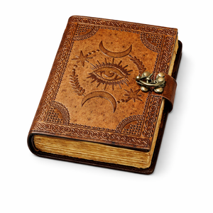 Carnet A5 en cuir vintage avec couverture rigide, motif œil porte-bonheur et lune en relief, reliure filée faite à la main, personnalisable avec logo, qualité supérieure, vente en gros - Product Image 1
