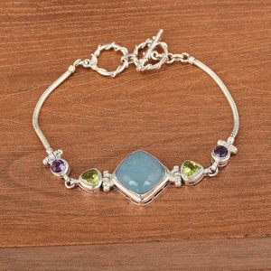 Nouveauté 2026 : Bracelet artisanal en argent sterling 925 massif avec pierres précieuses authentiques Aigue-marine, Péridot et Améthyste – Bijoux raffinés pour femme - Product Image 2