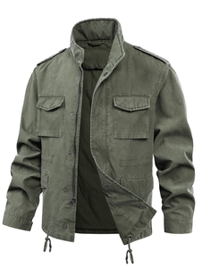 Men's Olive Green <b>Canvas</b> Safari Jacket Stand Collar Zipper Closure Epaulet Workwear Style Plus Size Autumn Wear Regular Fit - Product Image 2