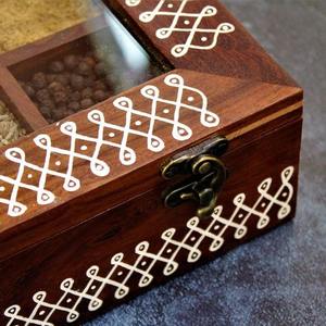 Wooden Spice <b>Box</b> with Glass Lid | Indian Masala Organizer | Multi Compartment Kitchen Spice Storage Container | <b>Herb</b> Holder - Product Image 2