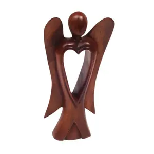Sculpture d'ange en bois brun, sculptée à la main, figurine en forme de cœur d'ange, accent décoratif pour étagères, tables, maison, bureau - Product Image 2