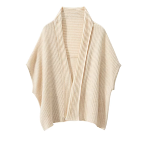 Poncho en tricot côtelé crème pour femme, sans manches, col en V, couleur unie minimaliste, toutes saisons, 100 % acrylique, anti-boulochage, tricot plat - Product Image 1