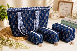 Ensemble de voyage écologique matelassé ethnique 4 pièces de qualité supérieure, sacs en coton élégants pour l'organisation des bagages, articles de toilette et accessoires - Product Image 4
